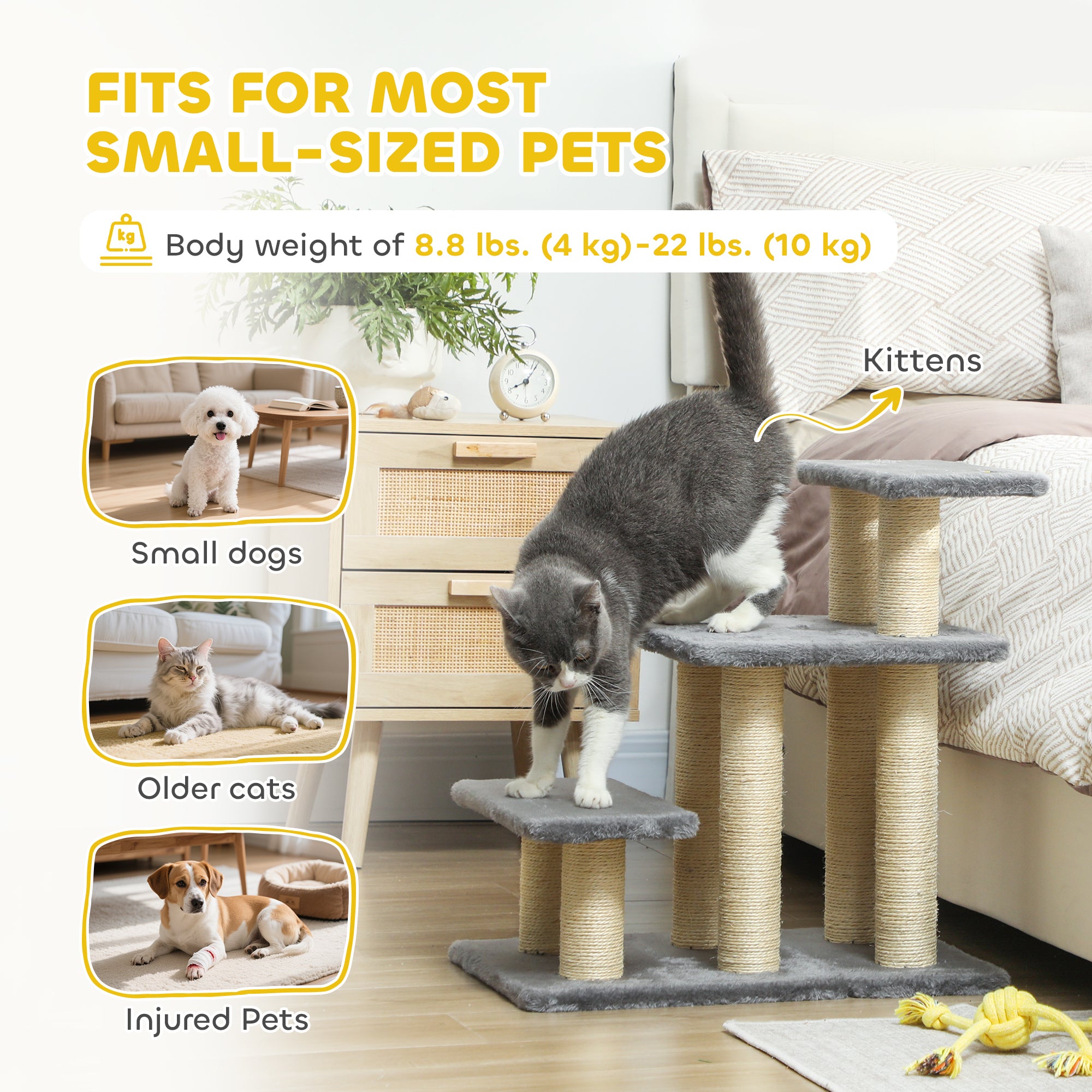 Cat Stairs with 2 Sisal Scratching Post for High Bed Couch, Adjustable 3-Tier - view 6