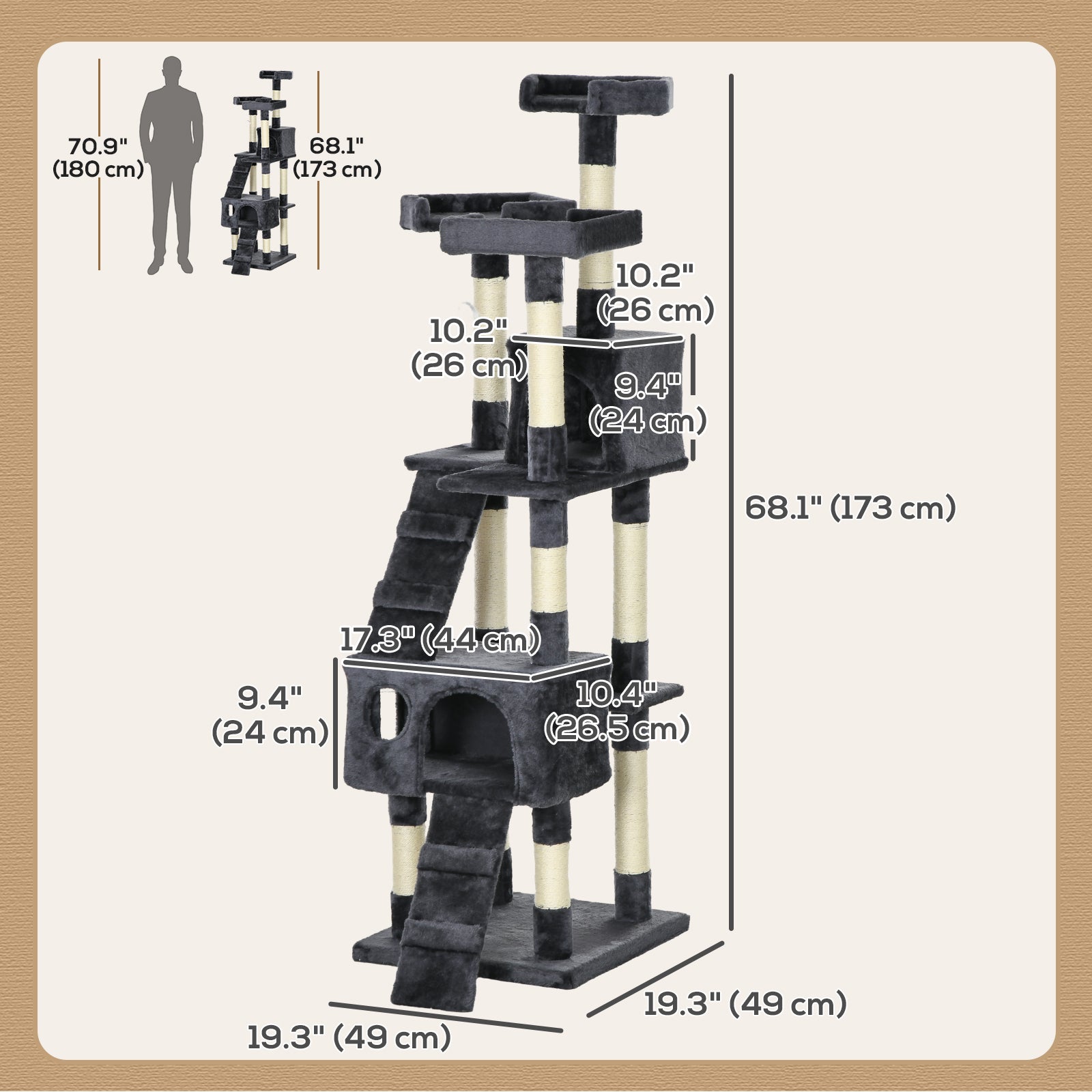 68-inch Multi-Level Cat Scratching Tree Kitty Activity Center Post Tower Condo - view 2