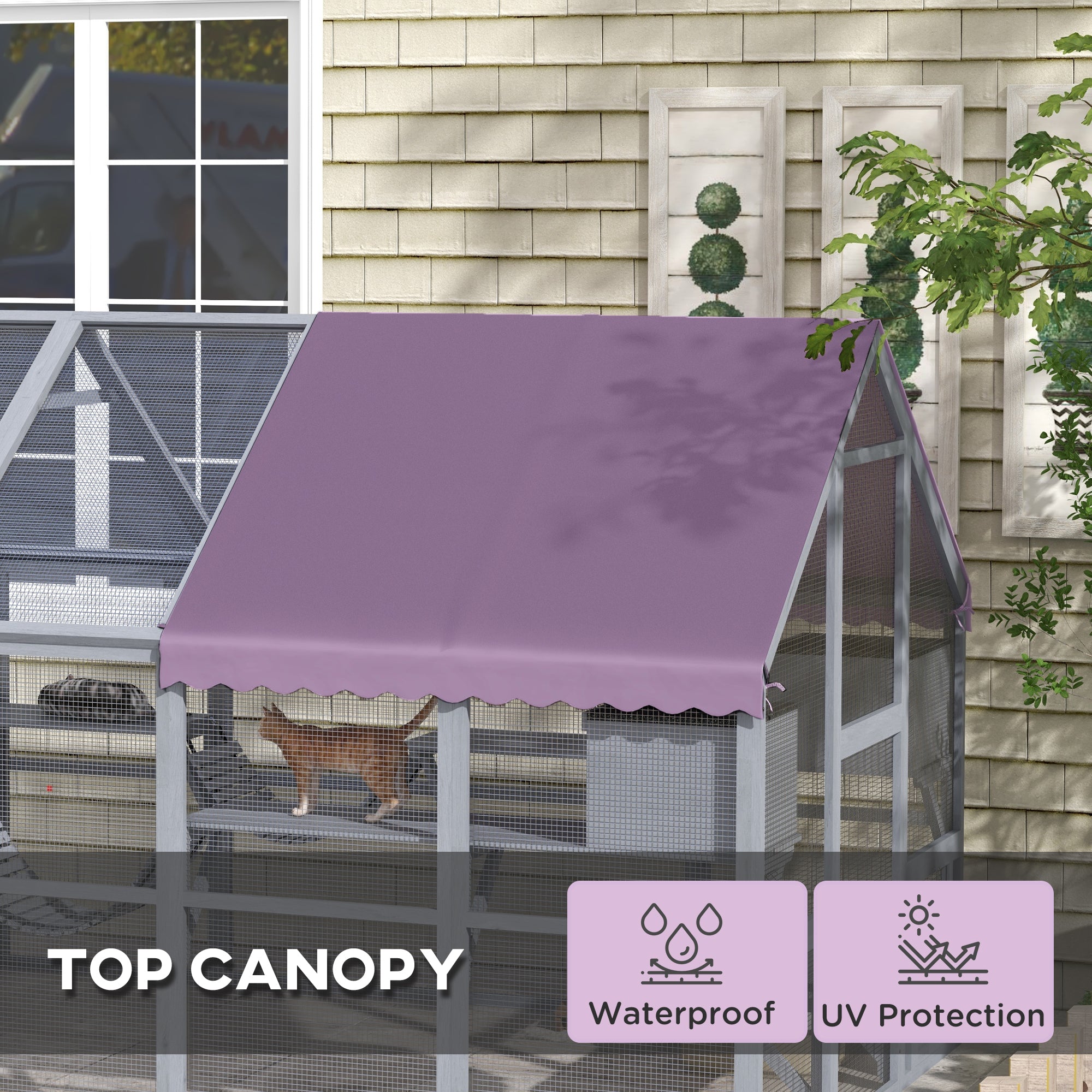 Outdoor Cat Enclosure Wooden Feral Cat House w/ Weatherproof Canopy, Bridges - view 5
