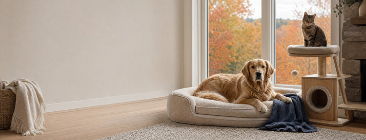Golden retriever on a bed and a cat on a cat tree by a window with autumn leaves