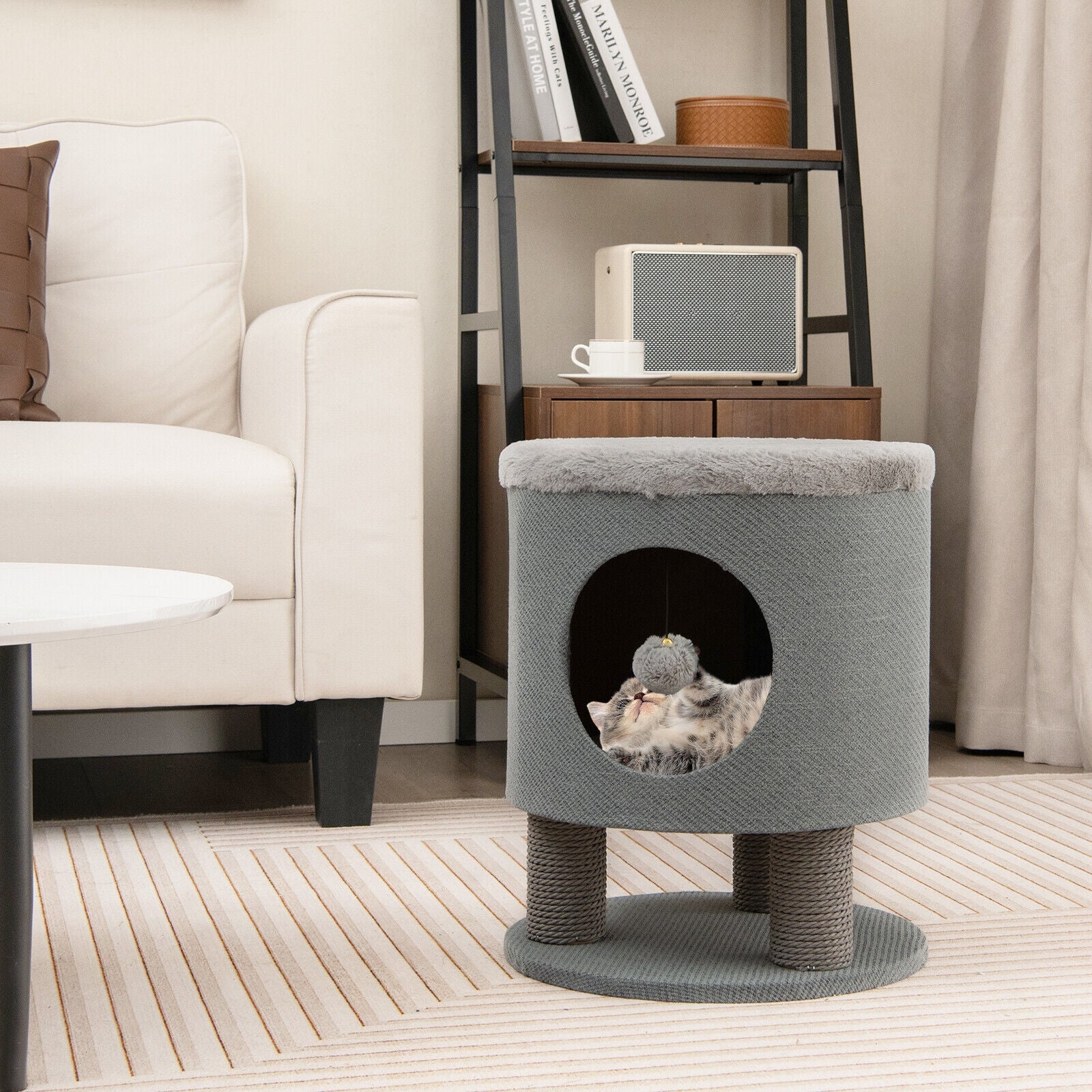3-in-1 Cat Condo Stool Kitty Bed with Scratching Posts and Plush Ball Toy Cat - view 3