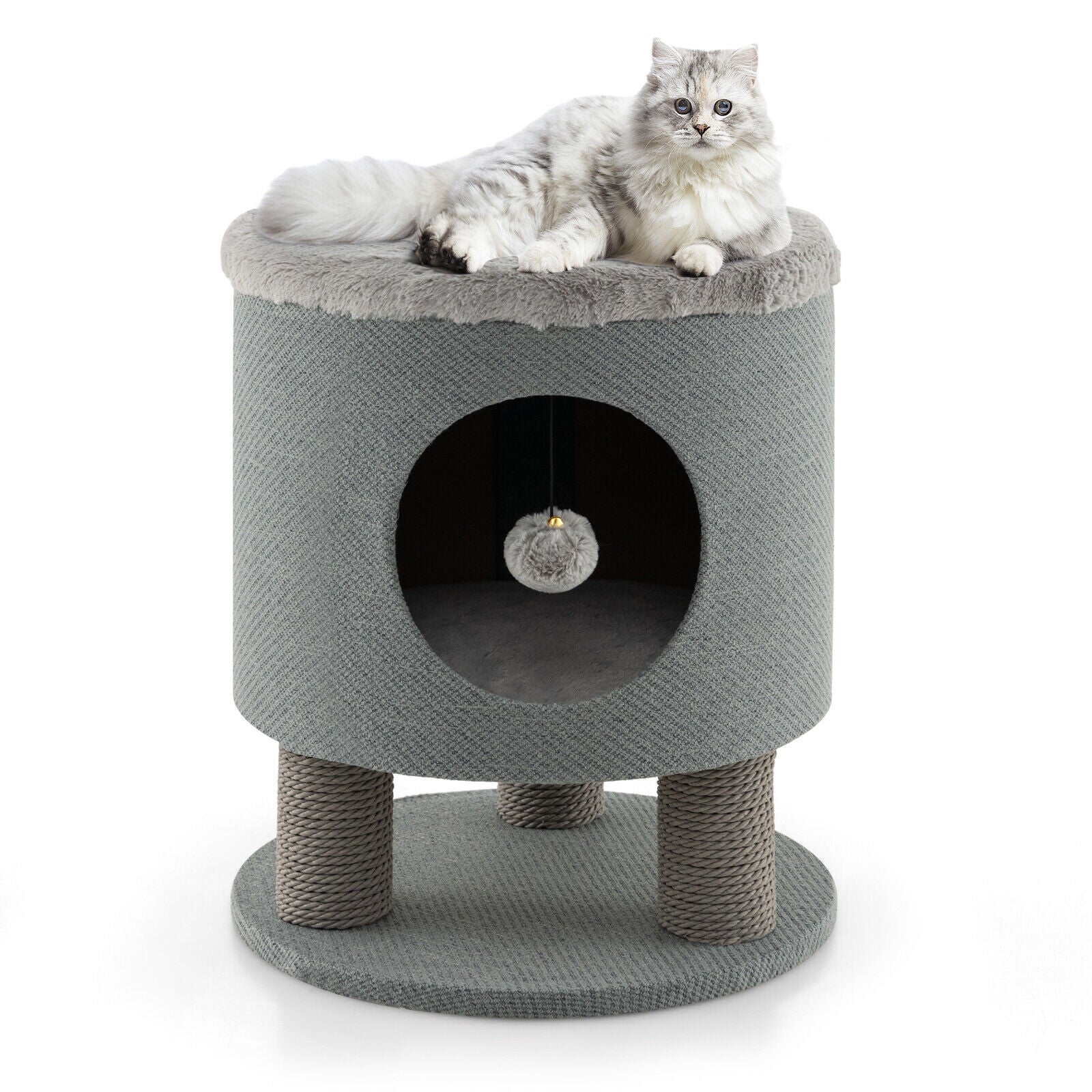 3-in-1 Cat Condo Stool Kitty Bed with Scratching Posts and Plush Ball Toy Cat