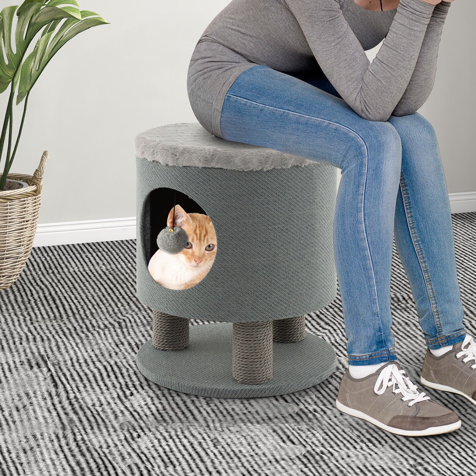 3-in-1 Cat Condo Stool Kitty Bed with Scratching Posts and Plush Ball Toy Cat - view 6