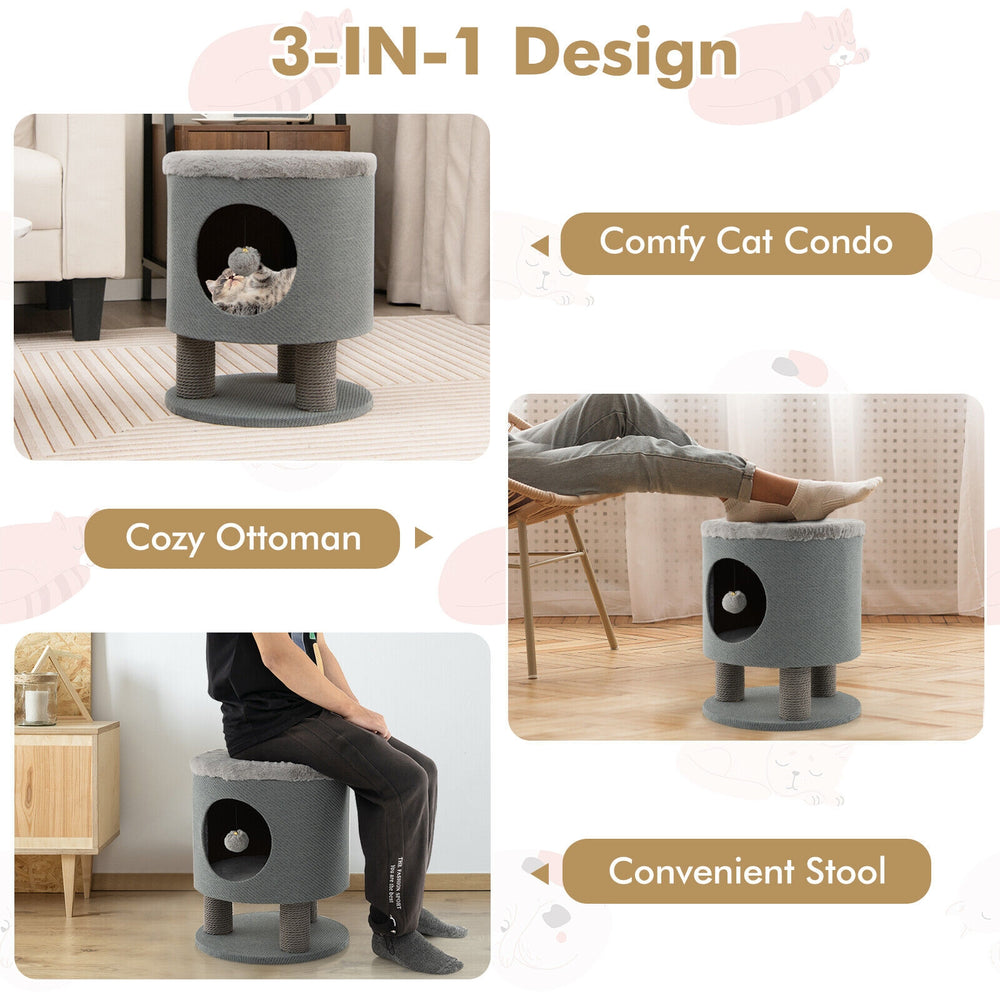 3-in-1 Cat Condo Stool Kitty Bed with Scratching Posts and Plush Ball Toy Cat - view 7