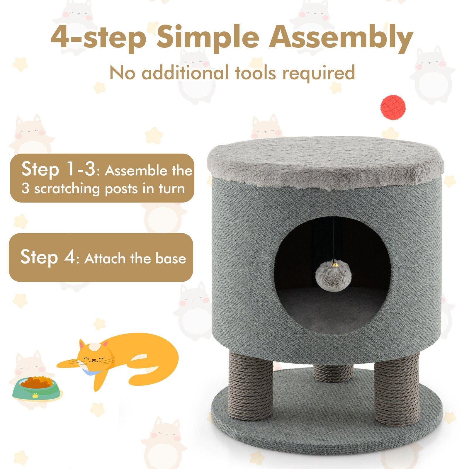 3-in-1 Cat Condo Stool Kitty Bed with Scratching Posts and Plush Ball Toy Cat - view 8