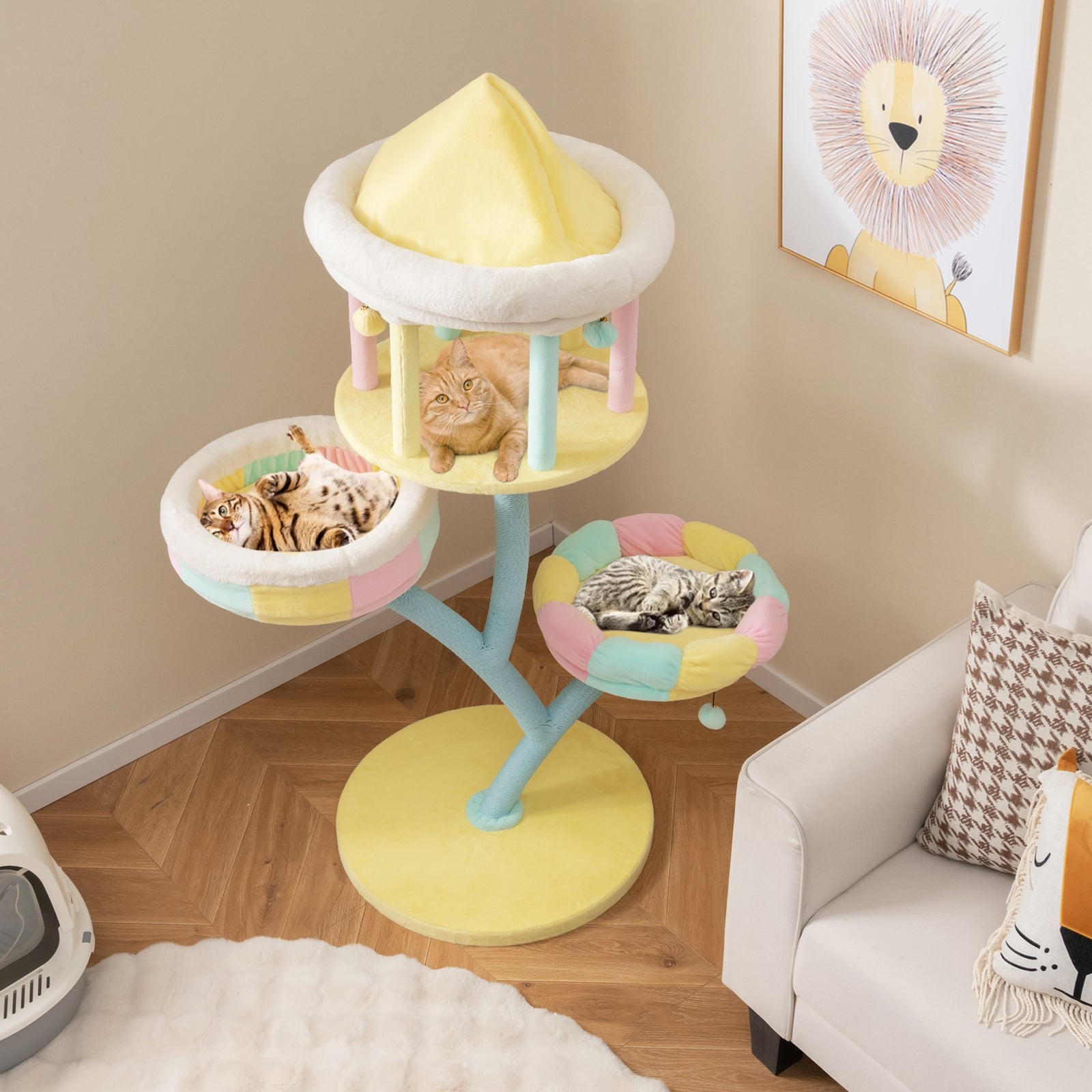 Multi-Layer Cat Tree with 2 Removable Perches Scratching Posts-Color - view 3