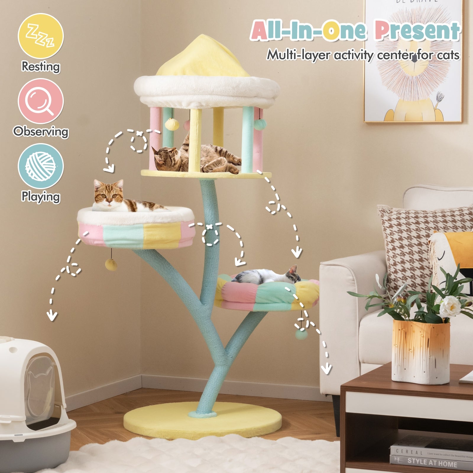 Multi-Layer Cat Tree with 2 Removable Perches Scratching Posts-Color - view 6