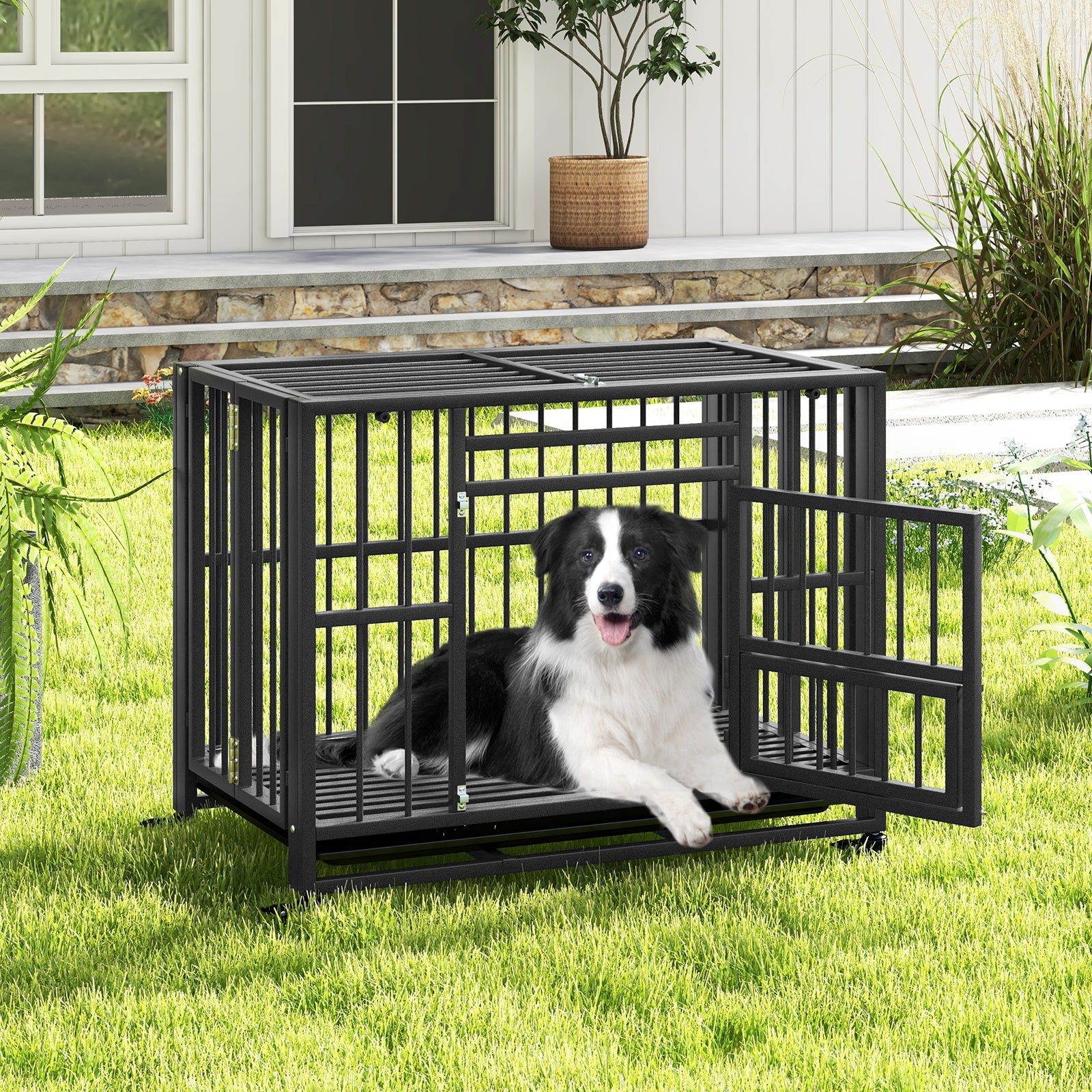 Foldable Heavy-Duty Metal Dog Cage Chew-proof Dog Crate with Lockable Universal - view 3