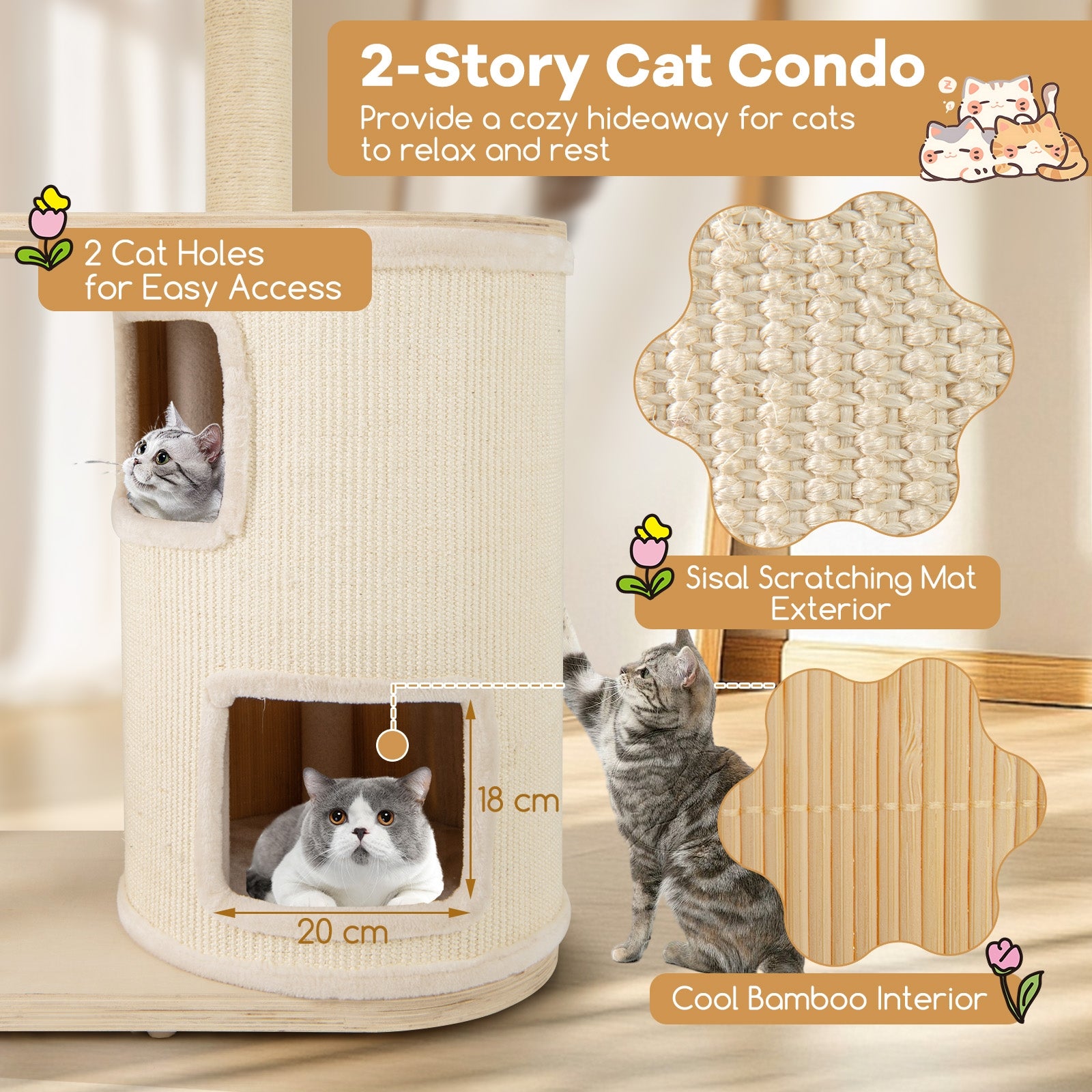 60 Inches Tall Cat Tree with 2-Story Condo and Sisal Scratching Posts - view 6