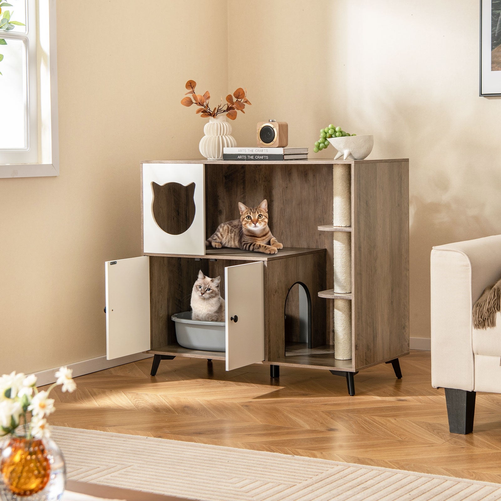 Cat Litter Box Enclosure with 3 Sisal Scratching Posts for Indoor Cats Cat House - view 3