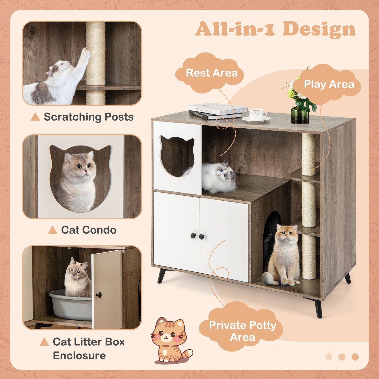 Cat Litter Box Enclosure with 3 Sisal Scratching Posts for Indoor Cats Cat House - view 6