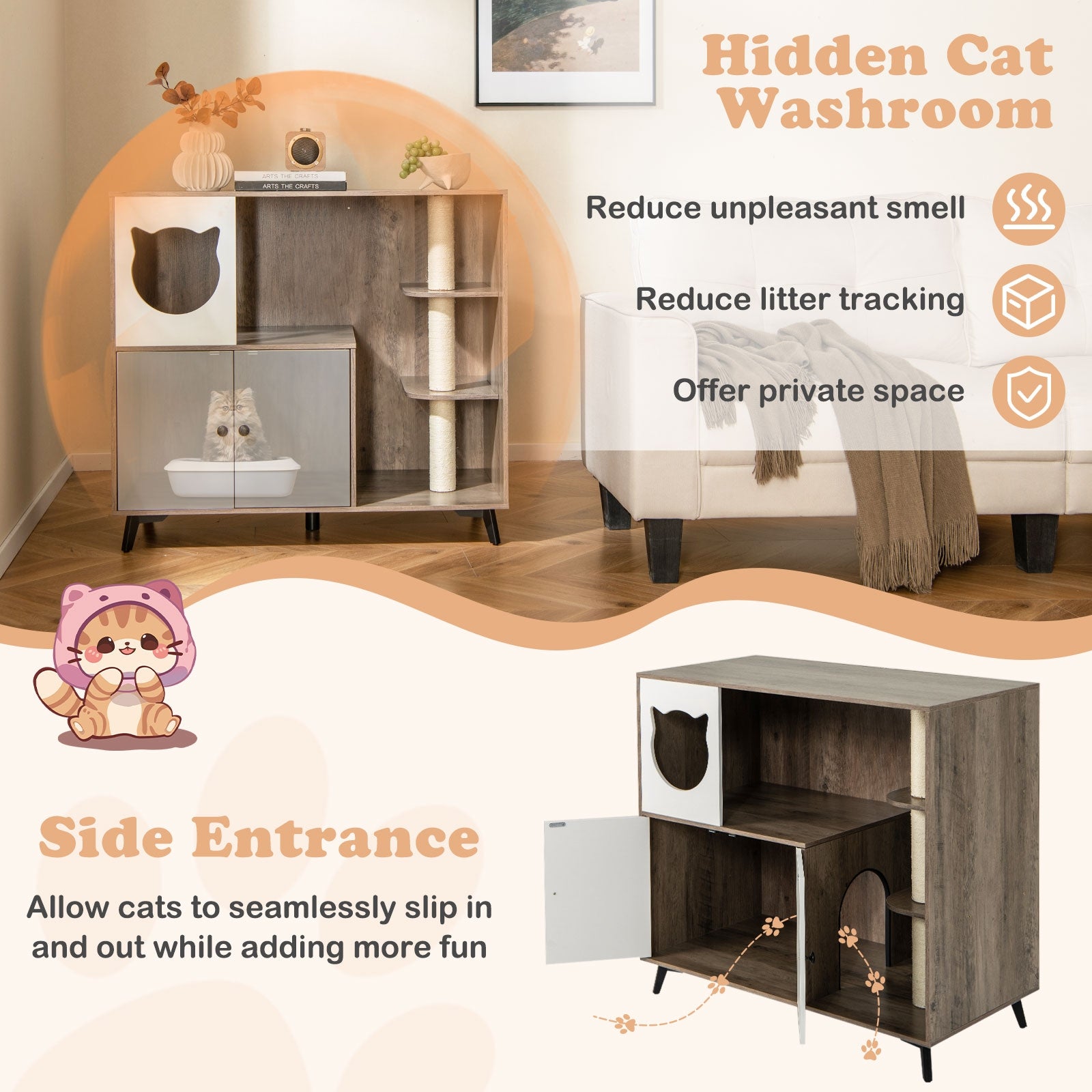 Cat Litter Box Enclosure with 3 Sisal Scratching Posts for Indoor Cats Cat House - view 7