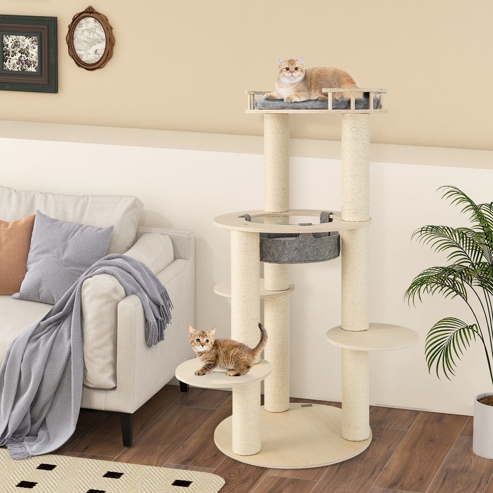 5-level Wooden Cat Tree with Padded Perch Non-woven Hammock - view 3