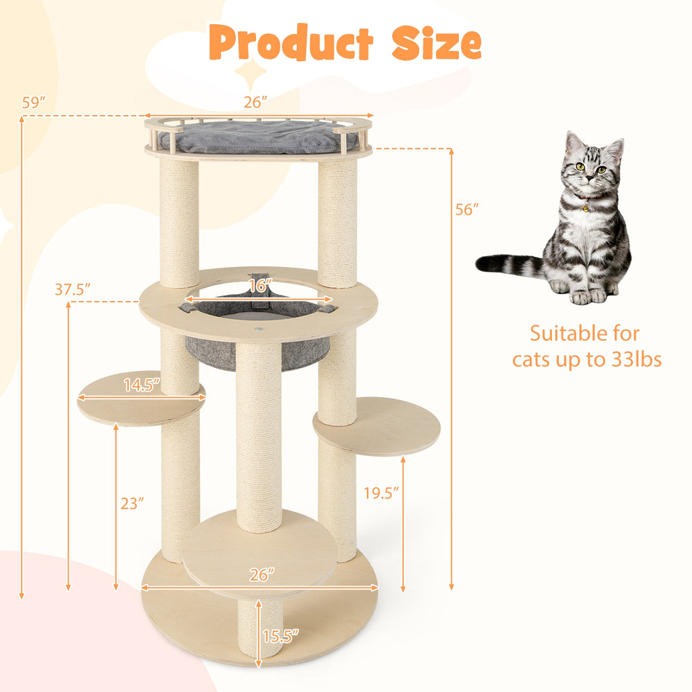 5-level Wooden Cat Tree with Padded Perch Non-woven Hammock - view 5