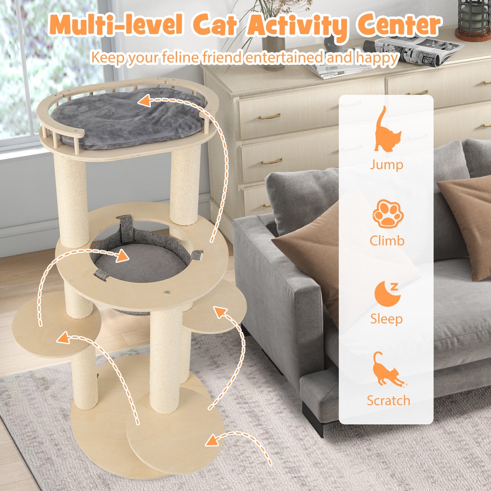 5-level Wooden Cat Tree with Padded Perch Non-woven Hammock - view 6