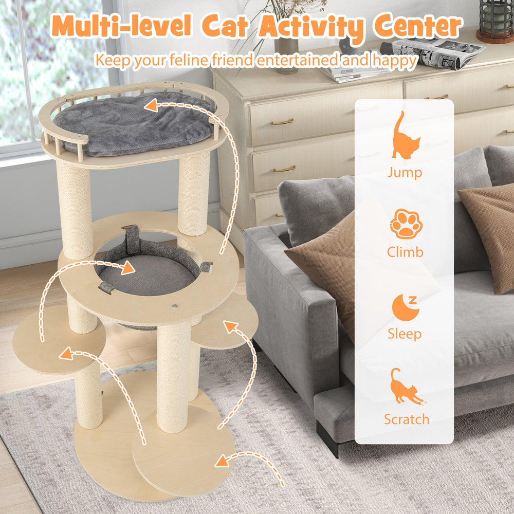 5-level Wooden Cat Tree with Padded Perch Non-woven Hammock - view 6