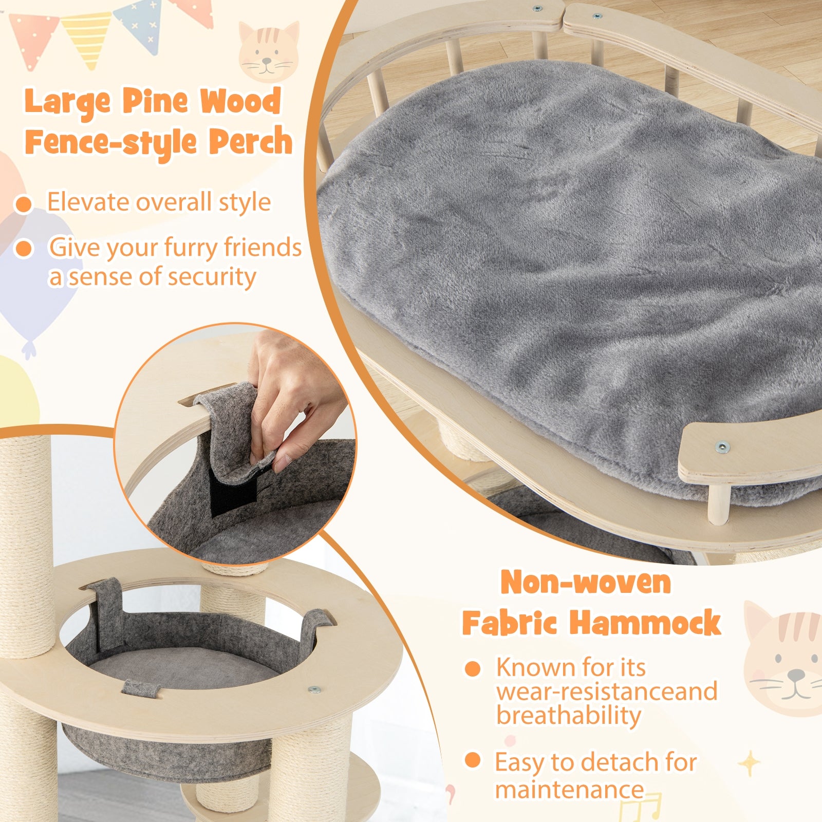 5-level Wooden Cat Tree with Padded Perch Non-woven Hammock - view 7