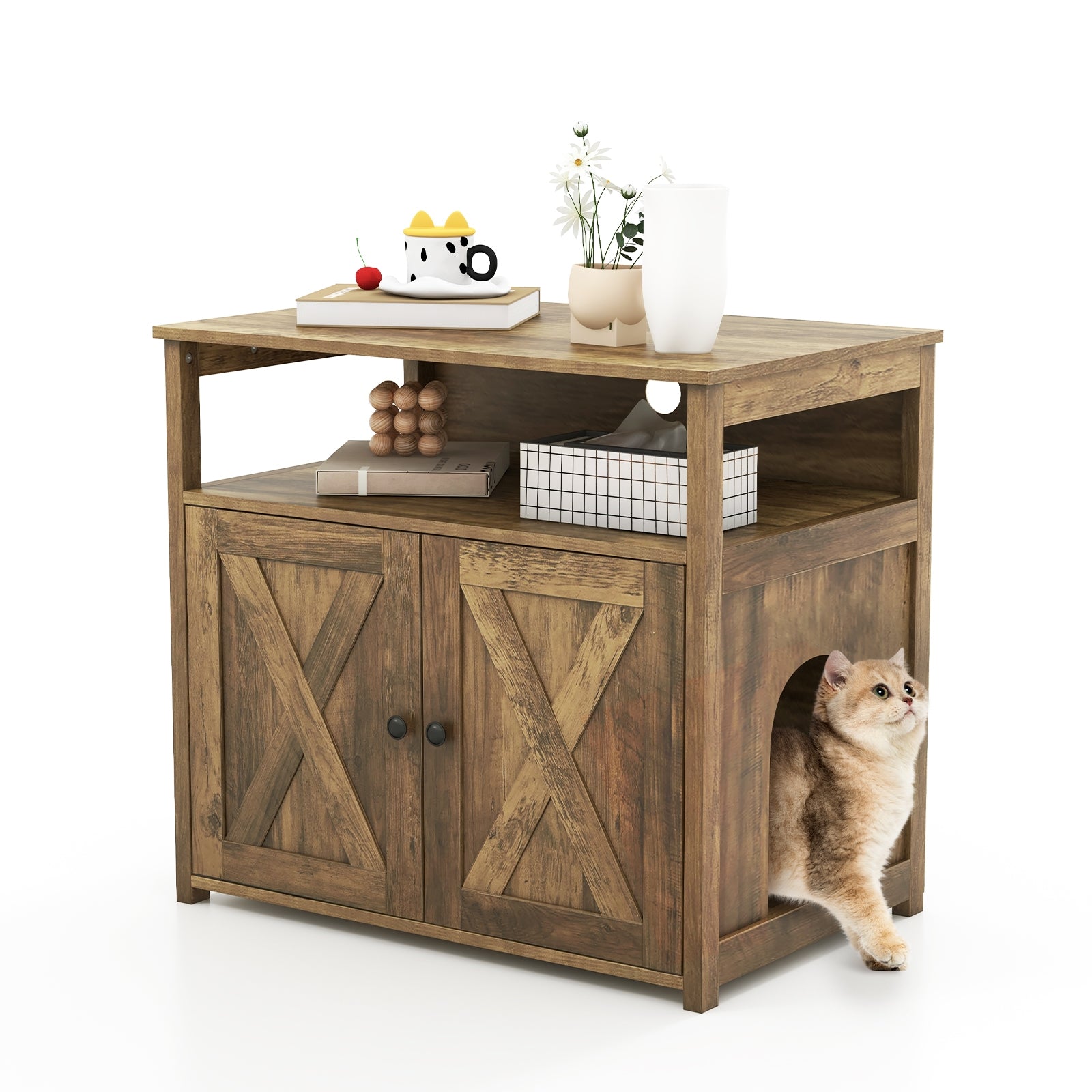 Cat Litter Box Enclosure with Double Barn Doors Divider Side Entry and Storage