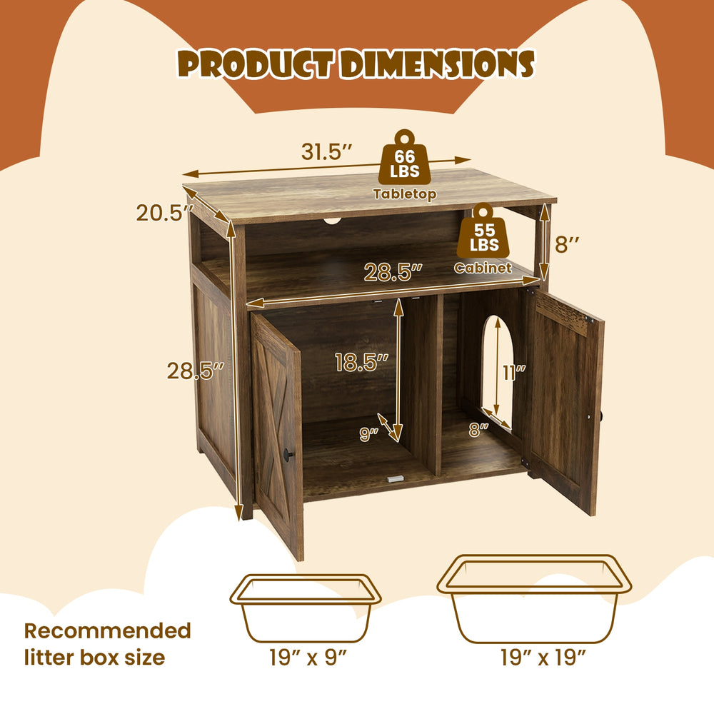 Cat Litter Box Enclosure with Double Barn Doors Divider Side Entry and Storage - view 5