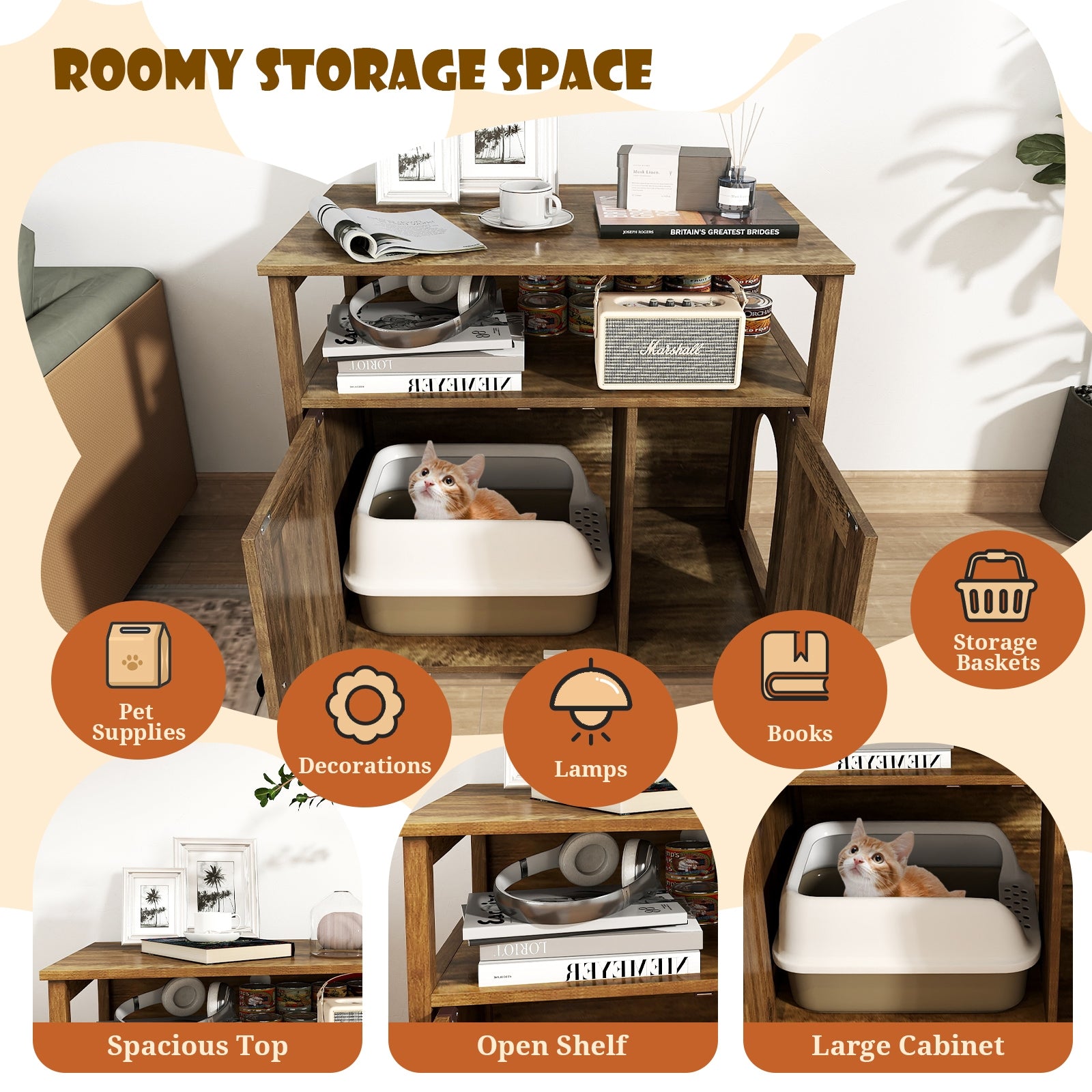 Cat Litter Box Enclosure with Double Barn Doors Divider Side Entry and Storage - view 7
