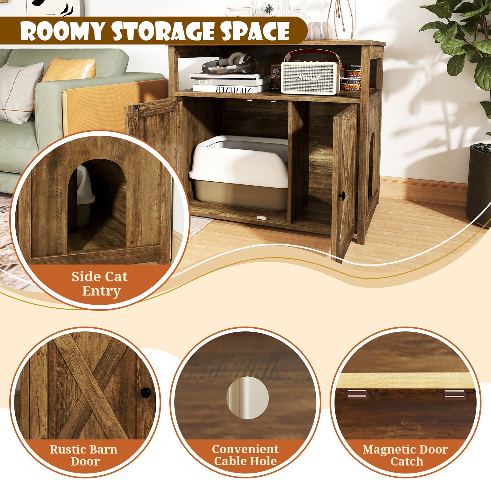 Cat Litter Box Enclosure with Double Barn Doors Divider Side Entry and Storage - view 8
