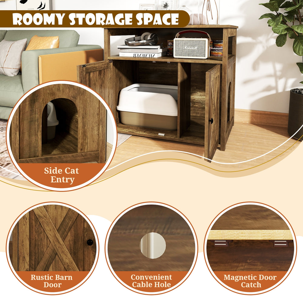 Cat Litter Box Enclosure with Double Barn Doors Divider Side Entry and Storage - view 8