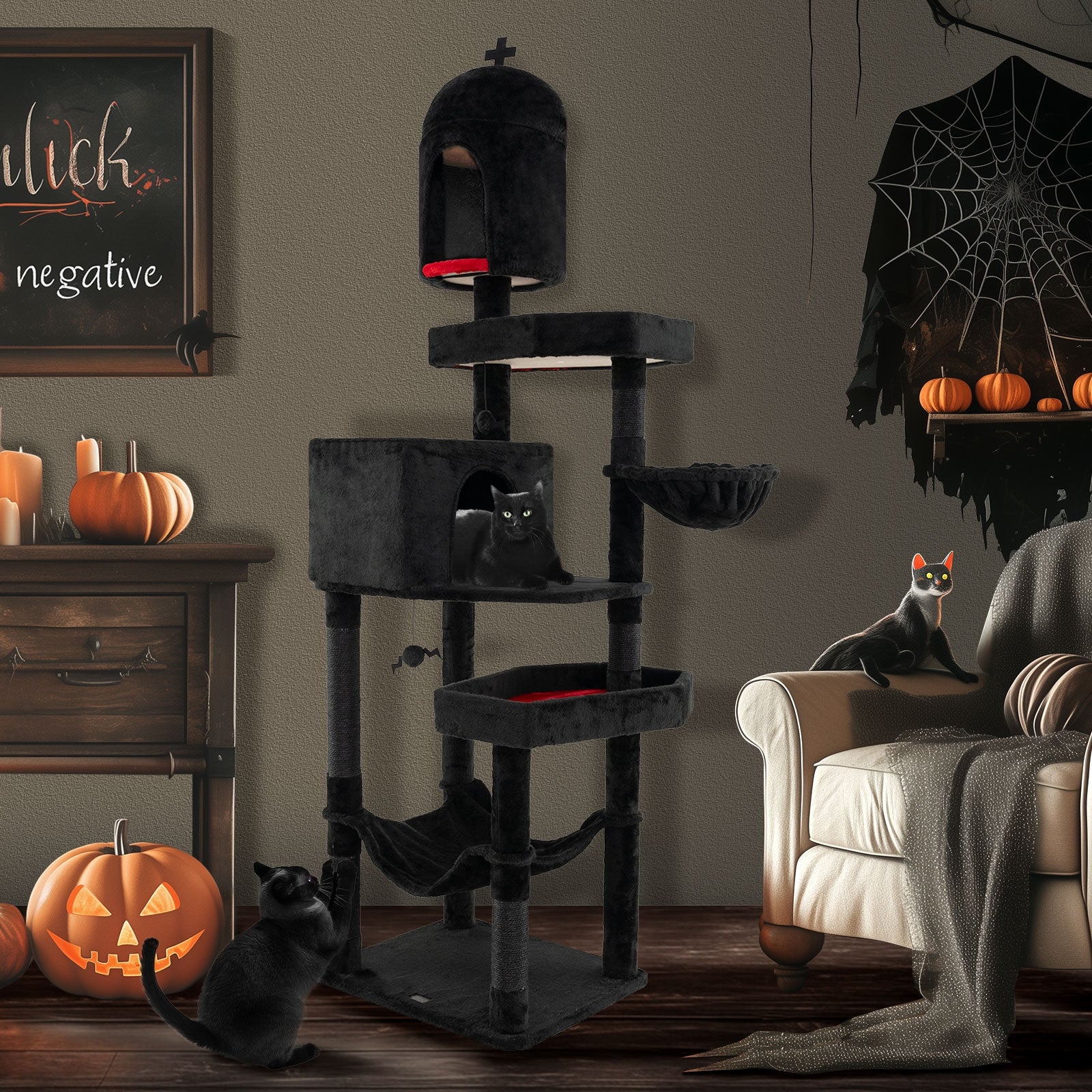 Gothic Cat Tree with 2 Cat Condos and Coffin Bed for Indoor Cats - view 6