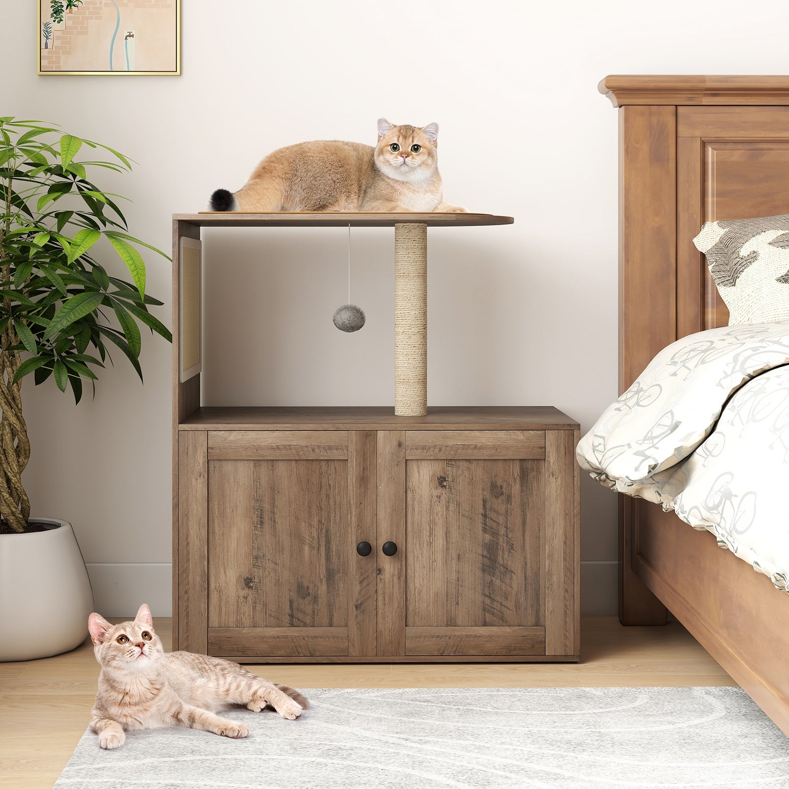 34.5 Inch Cat Tree with Litter Box Enclosure with Sisal Scratching Post and Mat - view 2