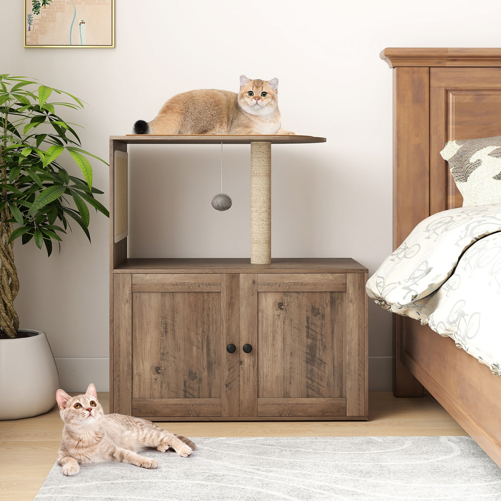 34.5 Inch Cat Tree with Litter Box Enclosure with Sisal Scratching Post and Mat - view 2
