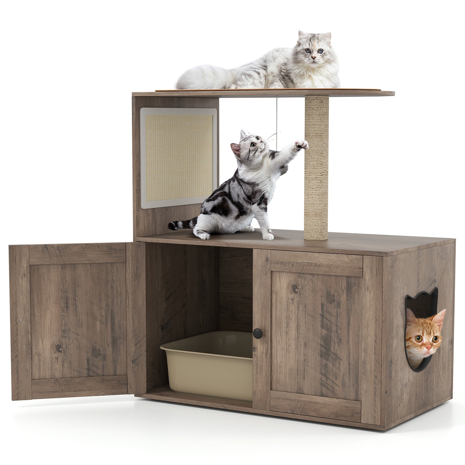 34.5 Inch Cat Tree with Litter Box Enclosure with Sisal Scratching Post and Mat