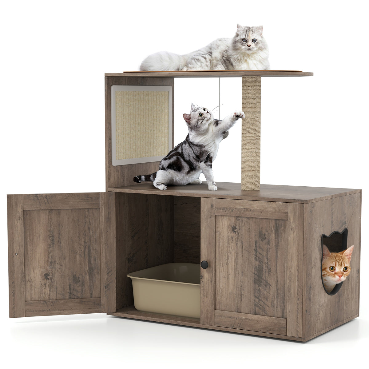 34.5 Inch Cat Tree with Litter Box Enclosure with Sisal Scratching Post and Mat