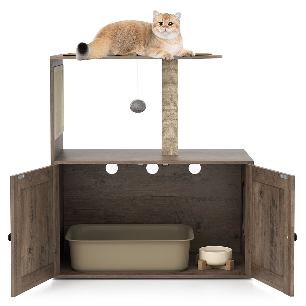 34.5 Inch Cat Tree with Litter Box Enclosure with Sisal Scratching Post and Mat - view 4