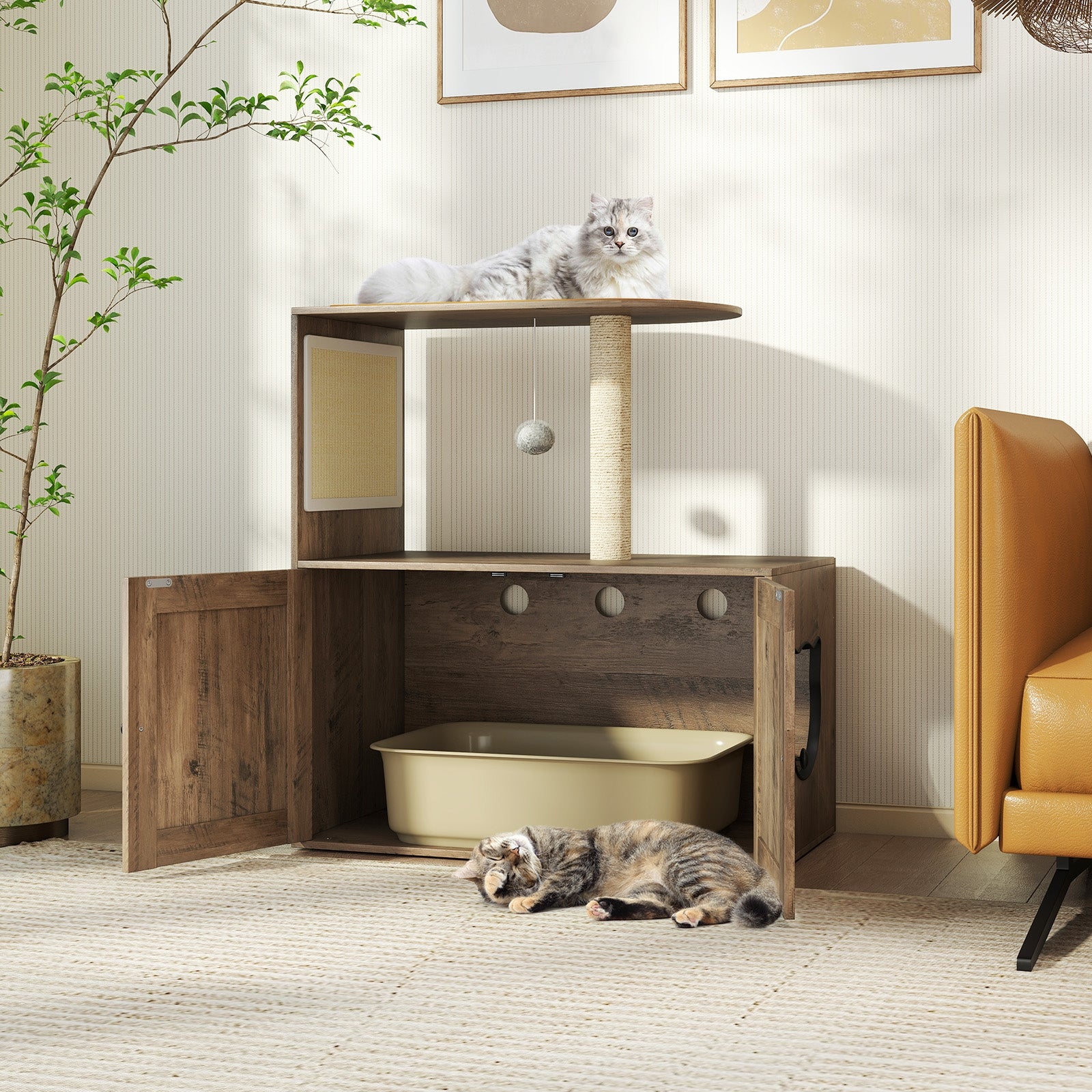 34.5 Inch Cat Tree with Litter Box Enclosure with Sisal Scratching Post and Mat - view 6