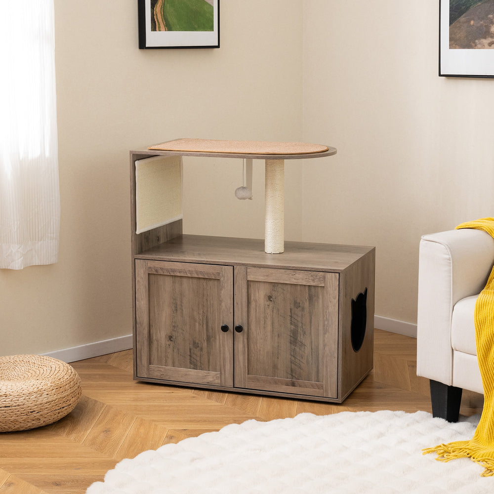 34.5 Inch Cat Tree with Litter Box Enclosure with Sisal Scratching Post and Mat - view 7