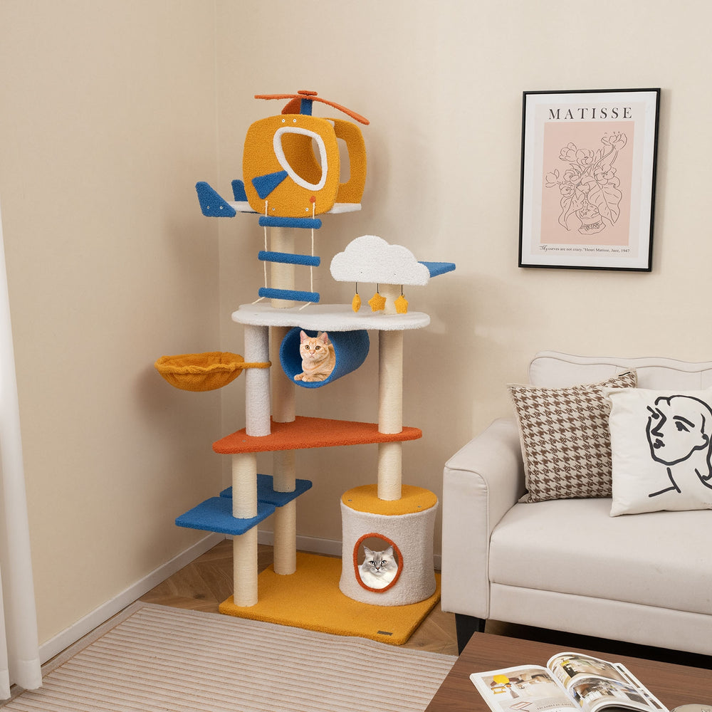 70 Inch Tall Aviation-themed Cat Tree with Helicopter Top Perch and Platforms - view 3