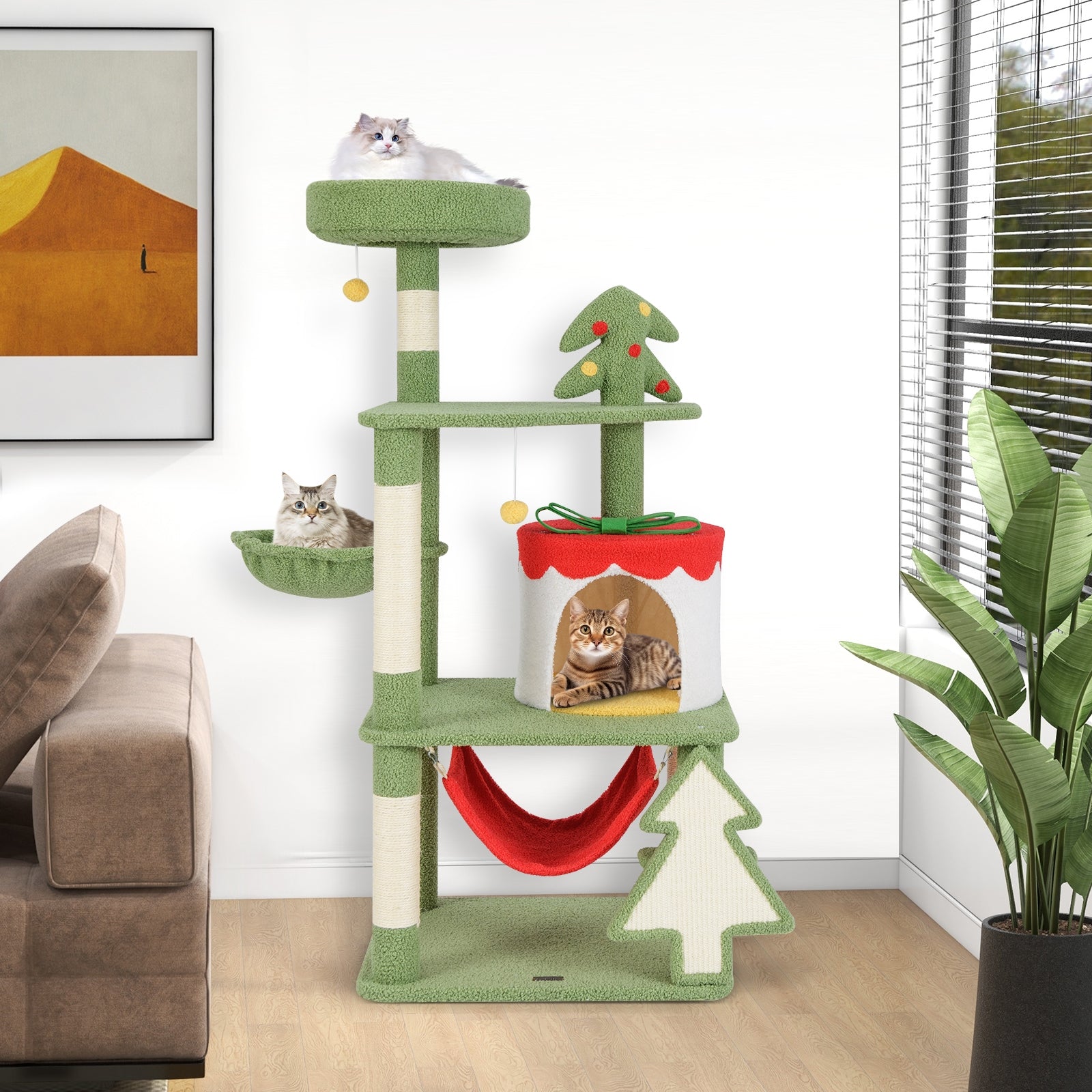 Cute Christmas Cat Tree with Sisal Scratching Posts and Gift Box Shaped Condo - view 2