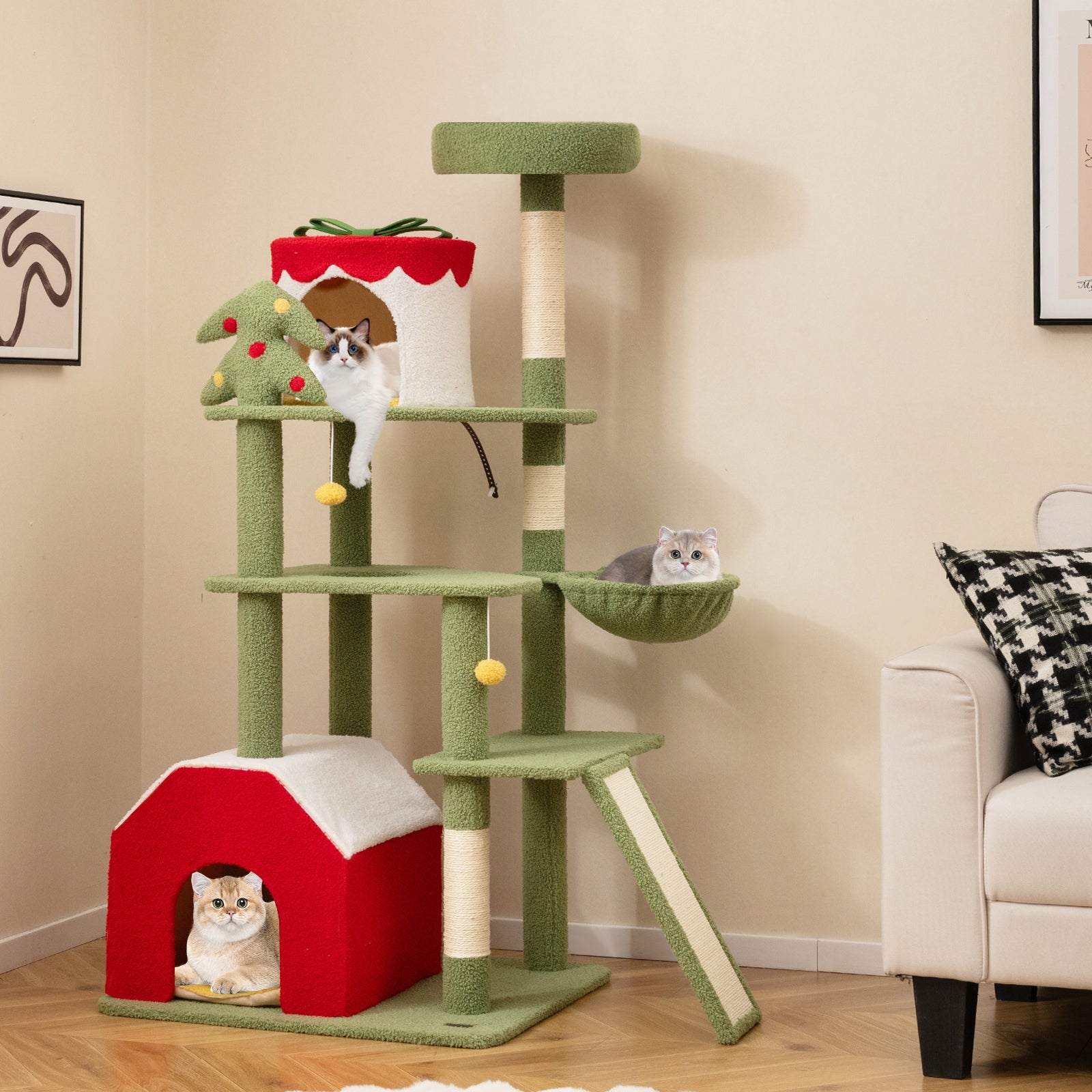 61 Inches Cute Christmas Cat Tree with Sisal Scratching Posts and 2 Condos - view 2