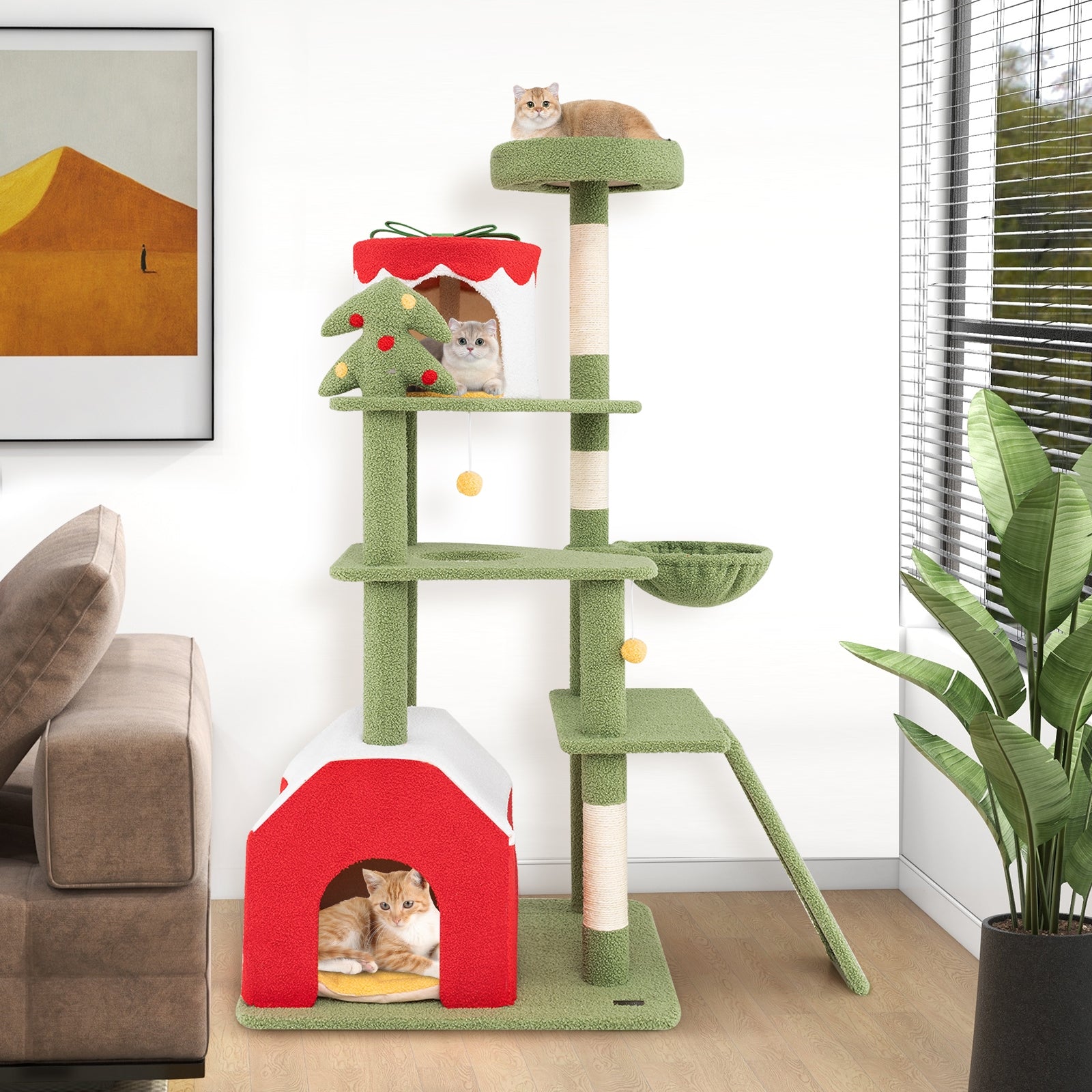 61 Inches Cute Christmas Cat Tree with Sisal Scratching Posts and 2 Condos - view 3