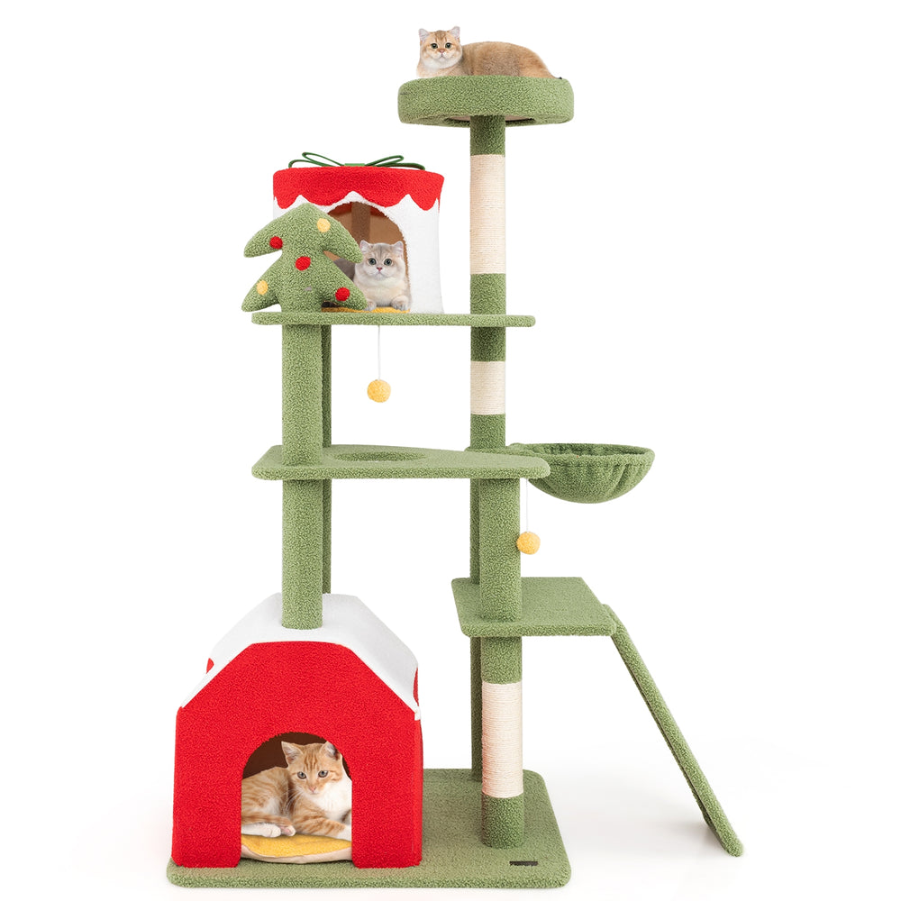61 Inches Cute Christmas Cat Tree with Sisal Scratching Posts and 2 Condos