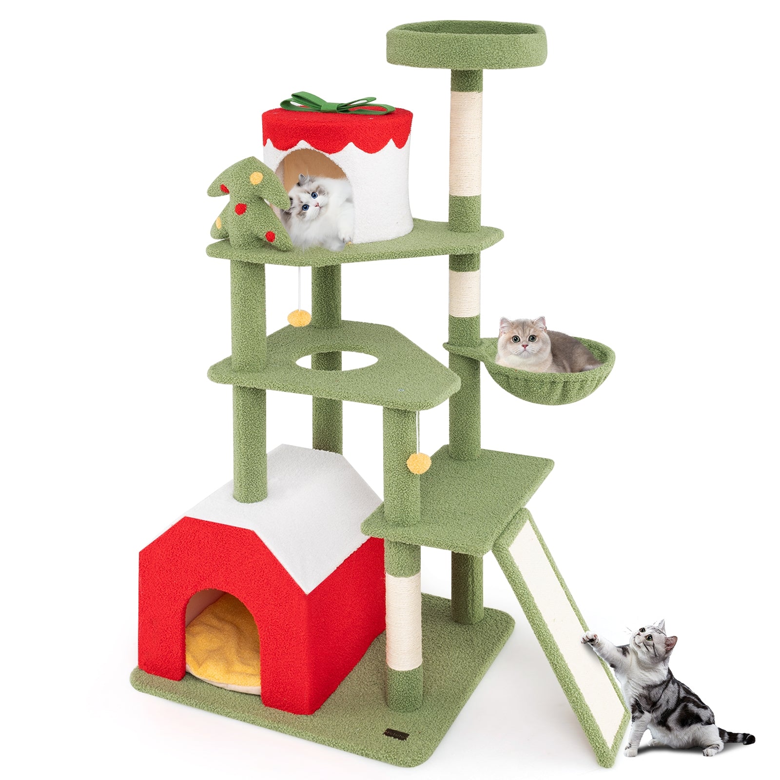 61 Inches Cute Christmas Cat Tree with Sisal Scratching Posts and 2 Condos - view 4