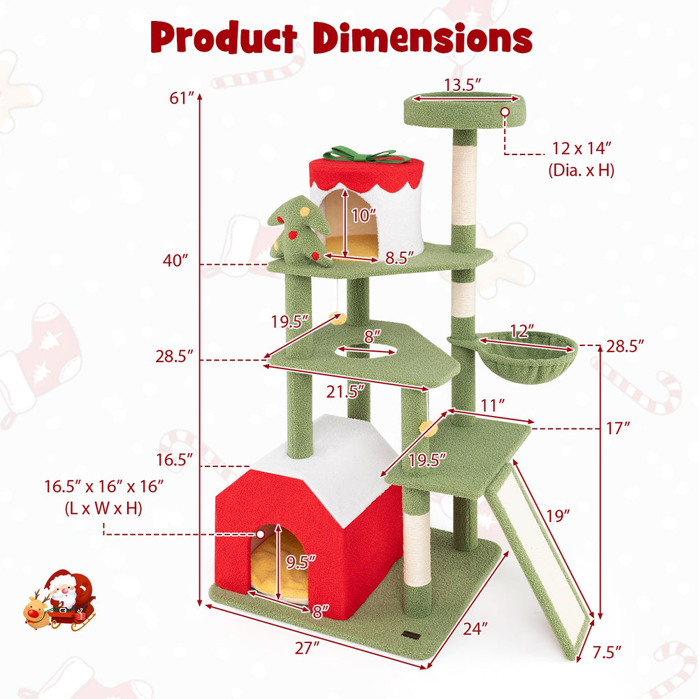 61 Inches Cute Christmas Cat Tree with Sisal Scratching Posts and 2 Condos - view 5