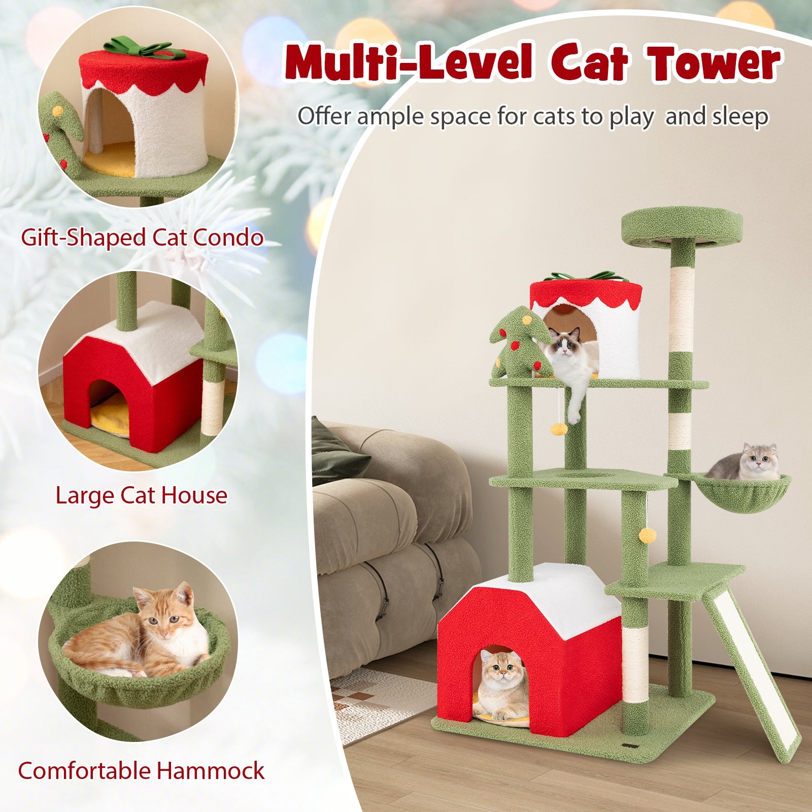 61 Inches Cute Christmas Cat Tree with Sisal Scratching Posts and 2 Condos - view 6