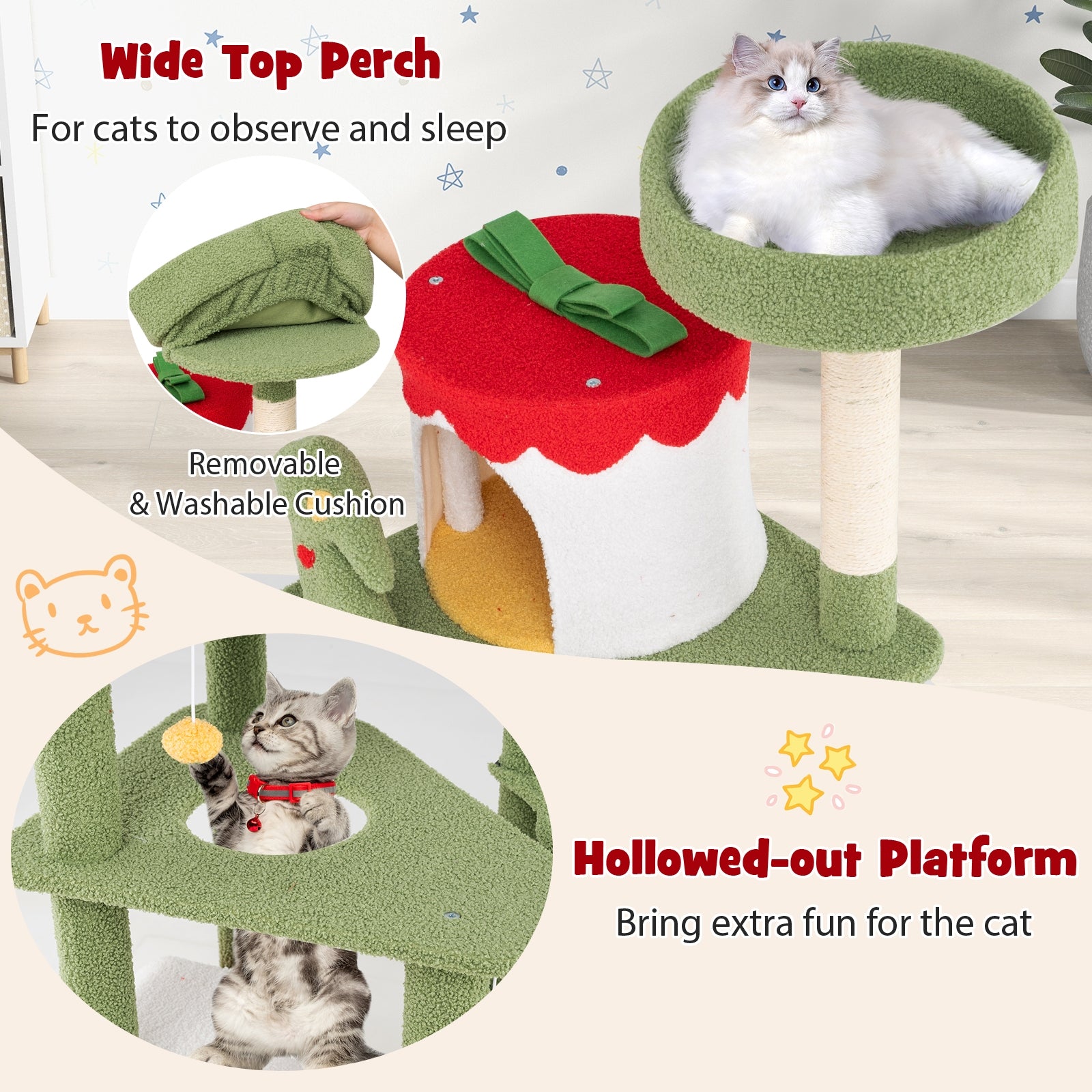 61 Inches Cute Christmas Cat Tree with Sisal Scratching Posts and 2 Condos - view 8