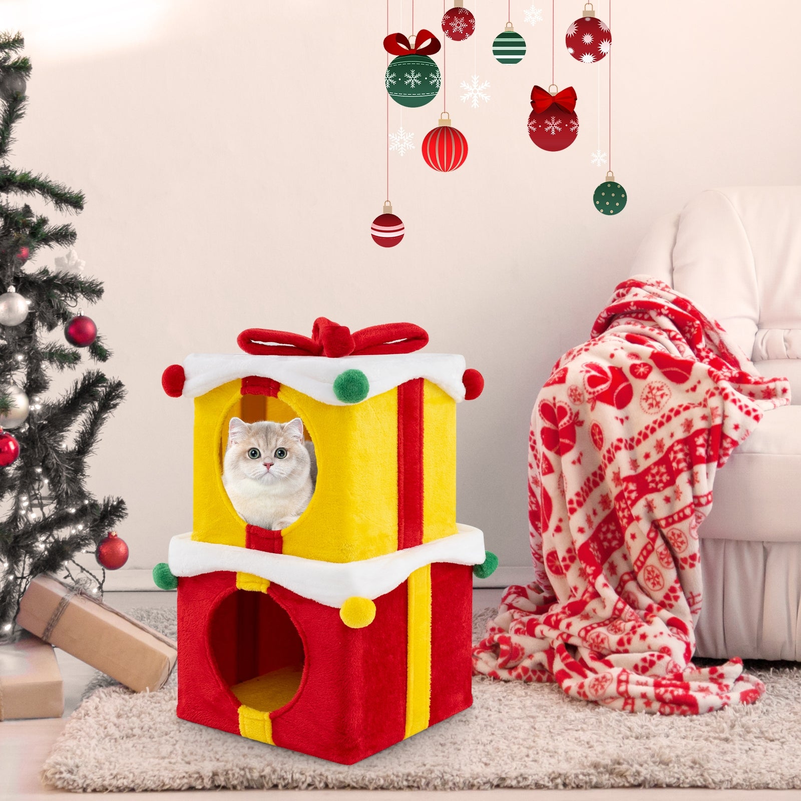 2 Gift Box Shaped Cute Christmas Cat House with Bow - view 6