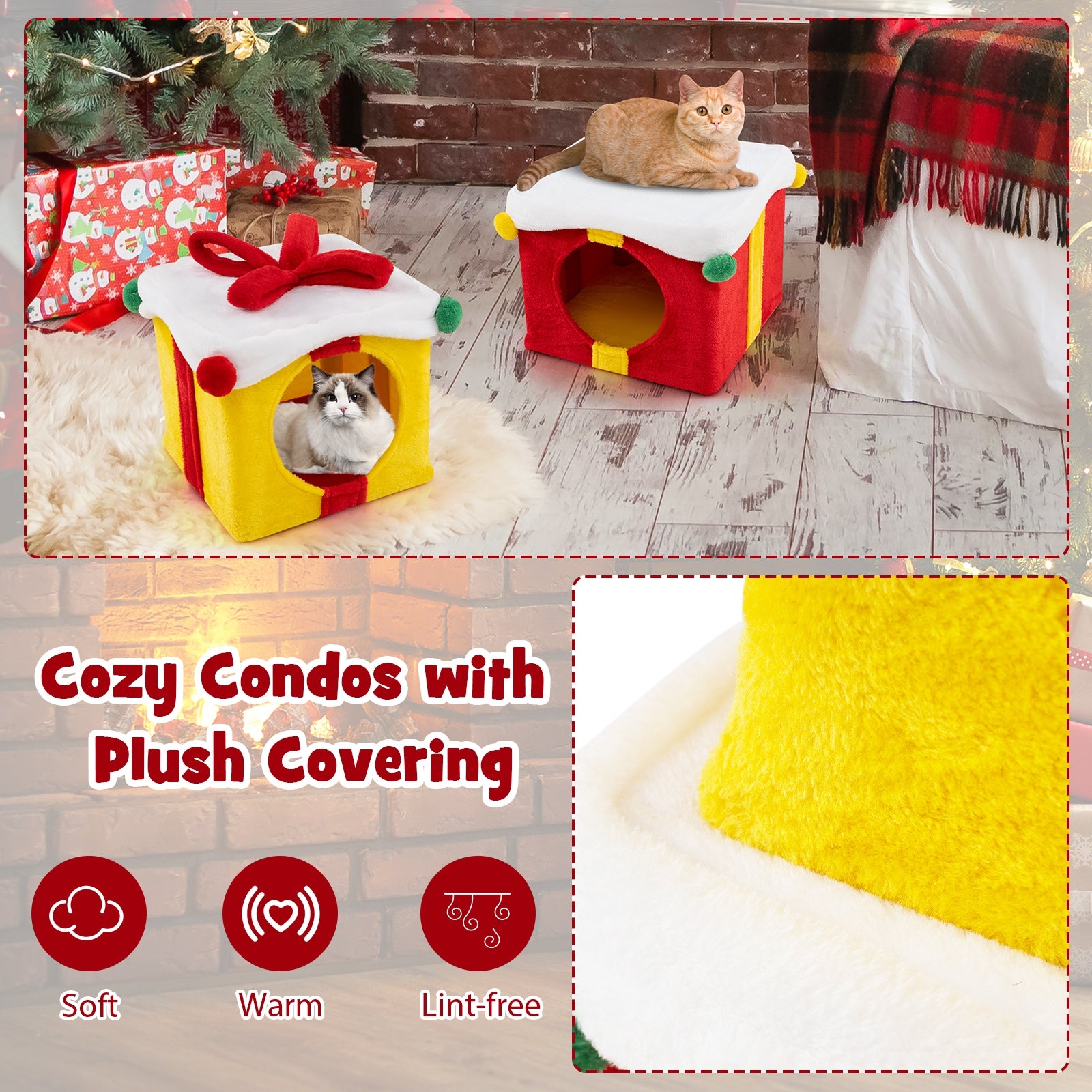 2 Gift Box Shaped Cute Christmas Cat House with Bow - view 7