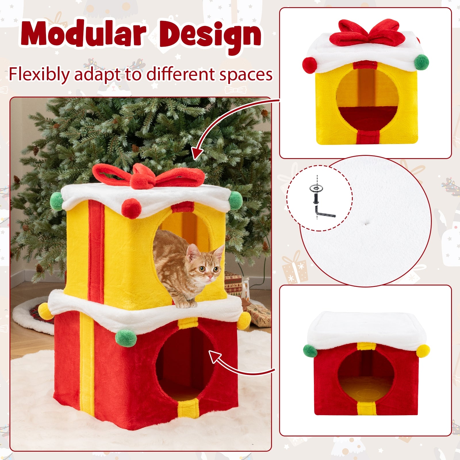 2 Gift Box Shaped Cute Christmas Cat House with Bow - view 8