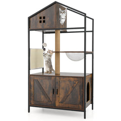 Cat Tree with Litter Box Enclosure Industrial Cat Tower Multi-level Cat Condo