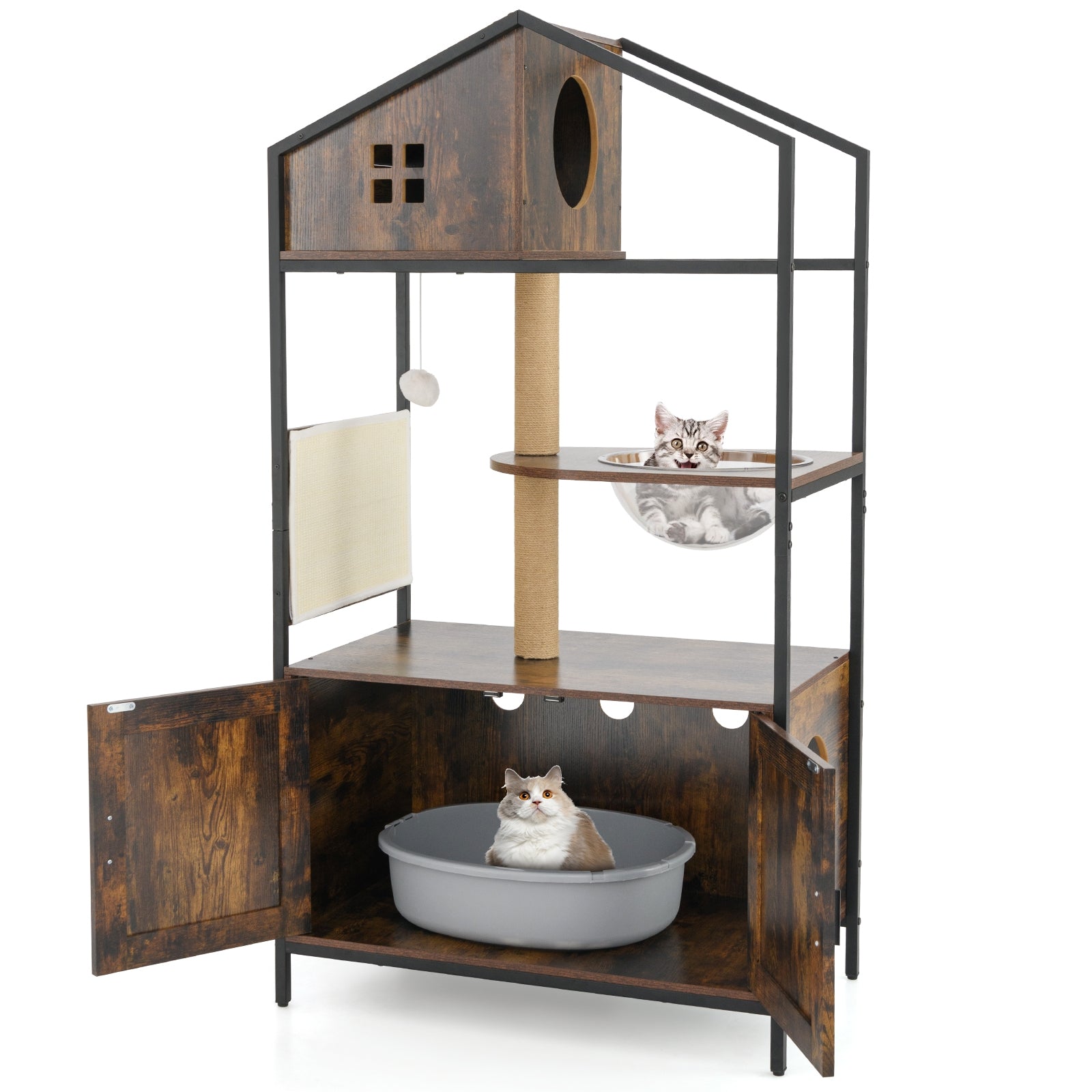 Cat Tree with Litter Box Enclosure Industrial Cat Tower Multi-level Cat Condo - view 4