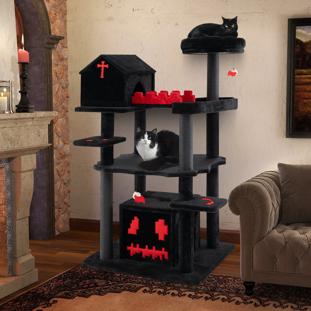 Gothic Cat Tree 49 Inch Tall Cat Tower 6-Tier Cat Activity Center with Coffin - view 2