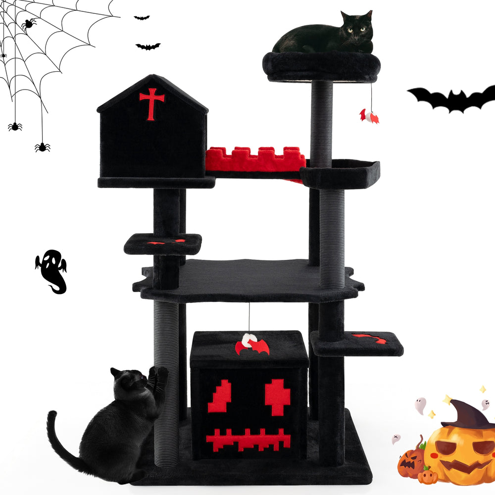 Gothic Cat Tree 49 Inch Tall Cat Tower 6-Tier Cat Activity Center with Coffin - view 4